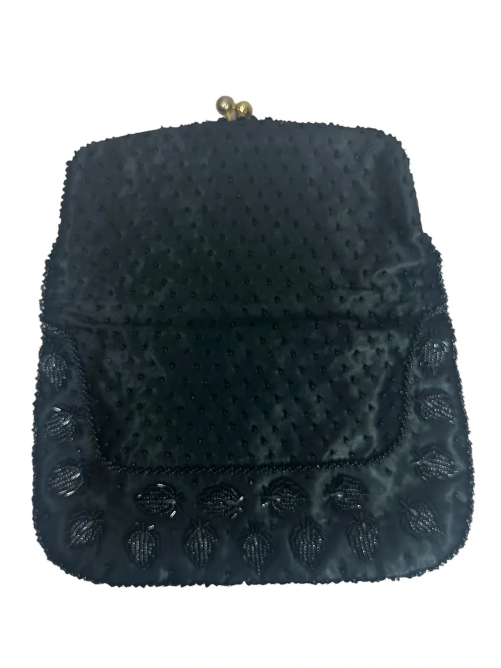 VINTAGE Black Satin Beaded Fold Over Clutch Bag with Brass Kiss Lock Closure